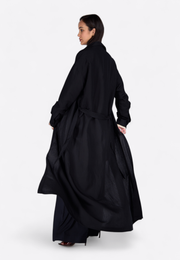 Model wearing button-front ankle-length shirt, back view – East Vibe